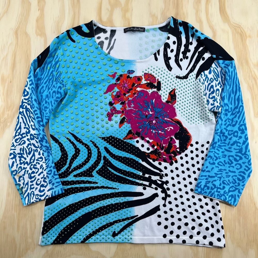 Pierri New York Womens Y2K Sequin Floral Animal 3/4 Sleeve‎ Top Blue White